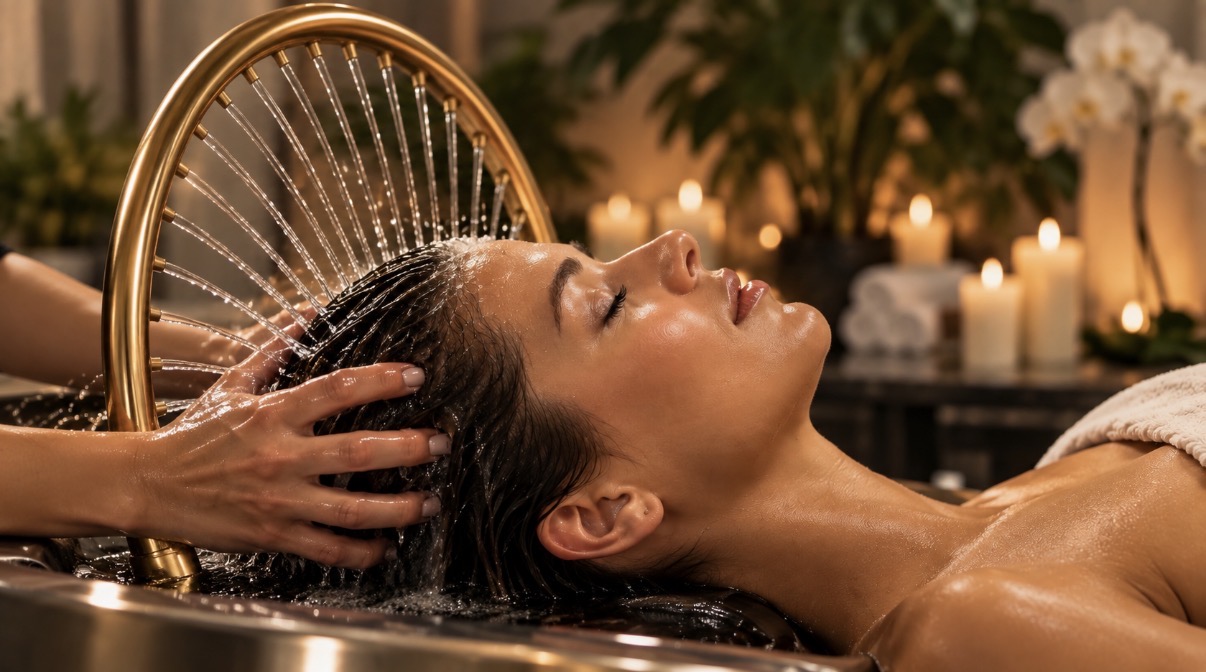 Guest receiving a scalp massage under the gold water ring in candlelight