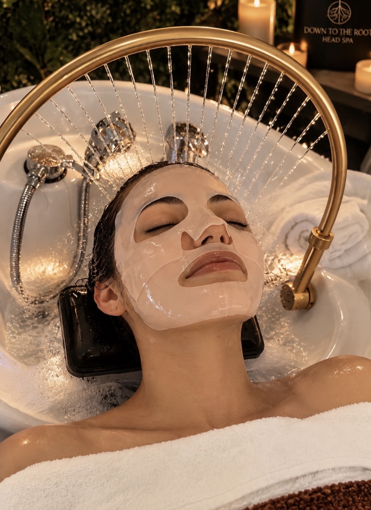 Guest with a hydrating sheet mask resting under the water ring in the head spa basin