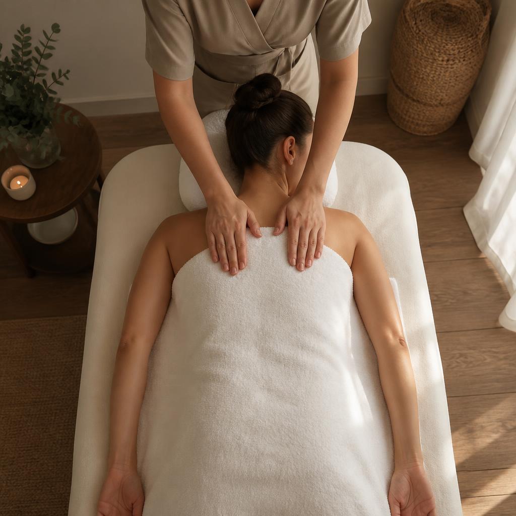 Therapist pressing on a towel-draped guest's upper back during a full body massage