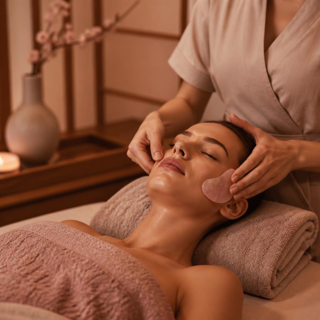 Guest receiving a gentle gua sha lymphatic facial massage in warm amber light