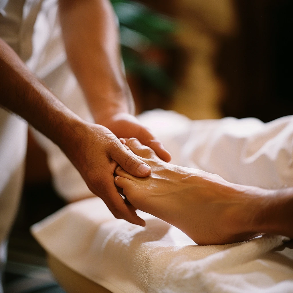 Feet resting in a warm soaking bowl with towels folded alongside