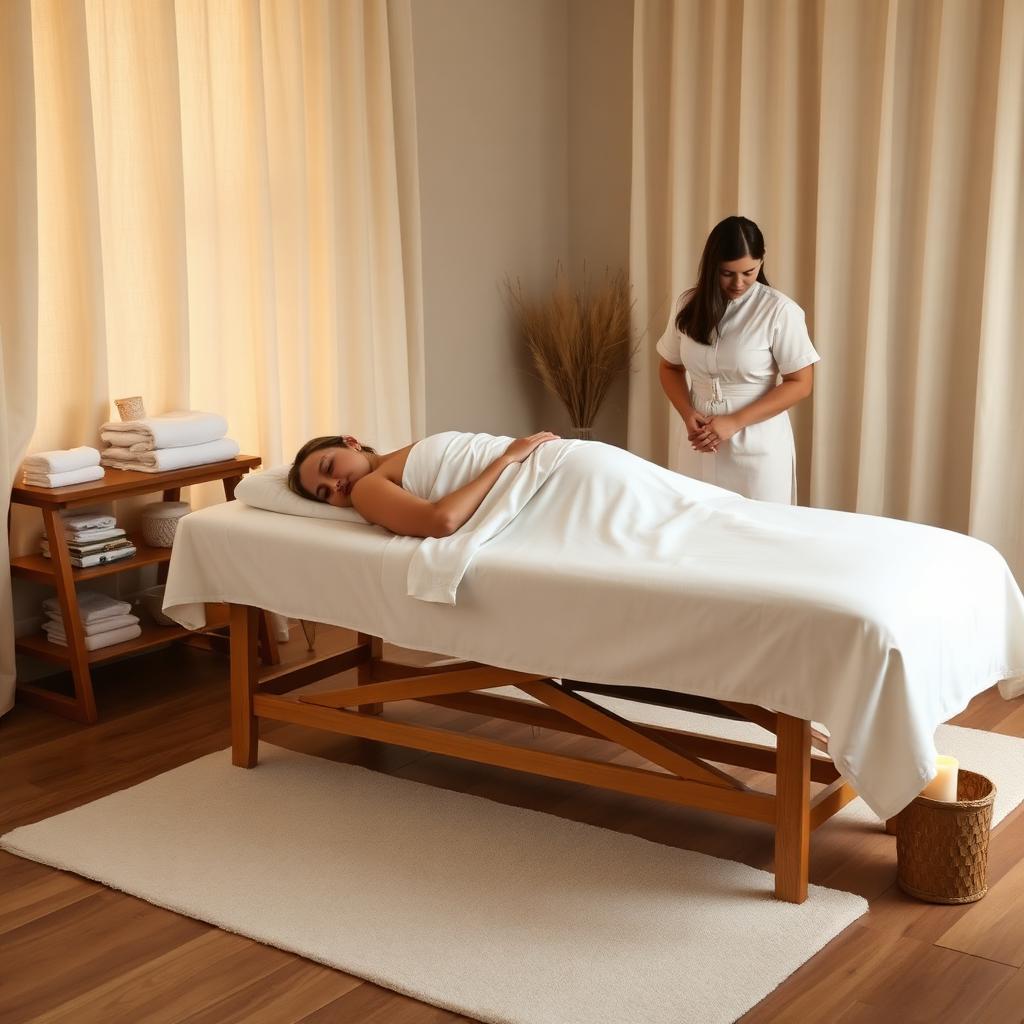 Guest draped in white linens on a massage table during an extended full body massage