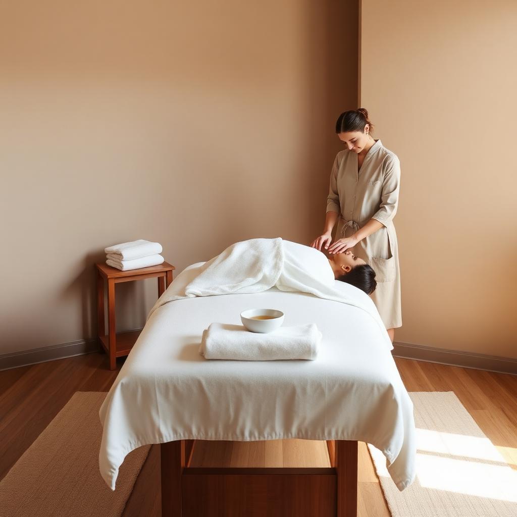 Guest lying on a linen-draped massage table while a therapist performs a full body massage