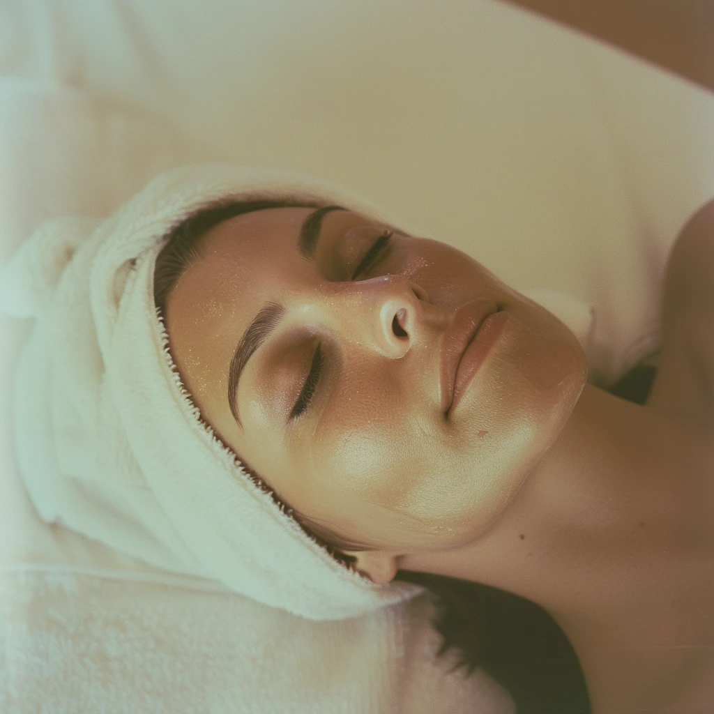 Guest resting with a towel wrapped around their hair during a relaxing facial treatment